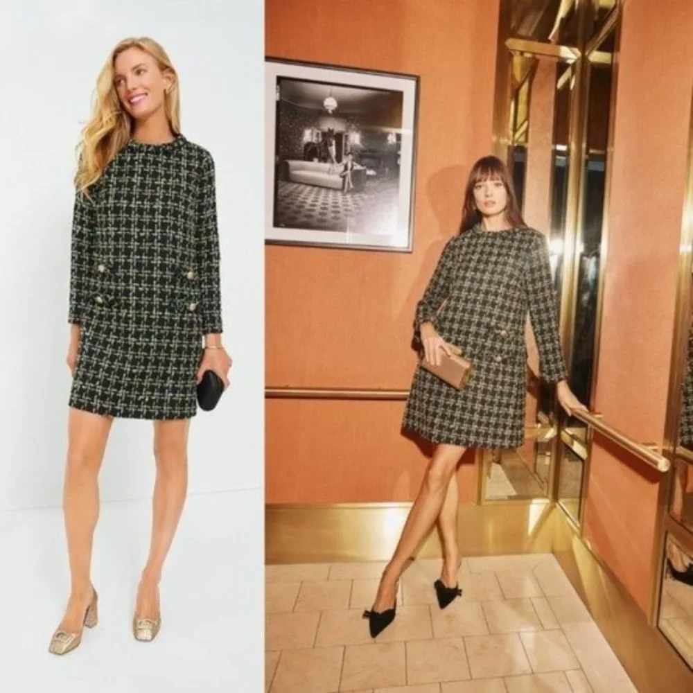 Tuckernuck NEW Holly Tinsel Tweed Long Sleeve Retro Black Jackie Dress Size S - Picture 2 of 14